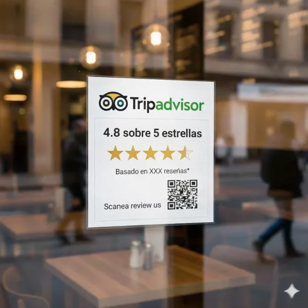 Tarjeta NFC y QR para reseñas en TripAdvisor en mesa de restaurante con postre y detalle para clientes satisfechos - Imagen 2