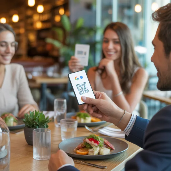 Garzón entregando código QR a clientes satisfechos en restaurante para obtener reseñas positivas en Google - Imagen 2